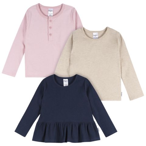 Рубашки Gerber 3-Pack Long Sleeve Shirts, Navy/Oatmeal/Violet, 5T для девочек-малышей, цвет: Тёмно-синий