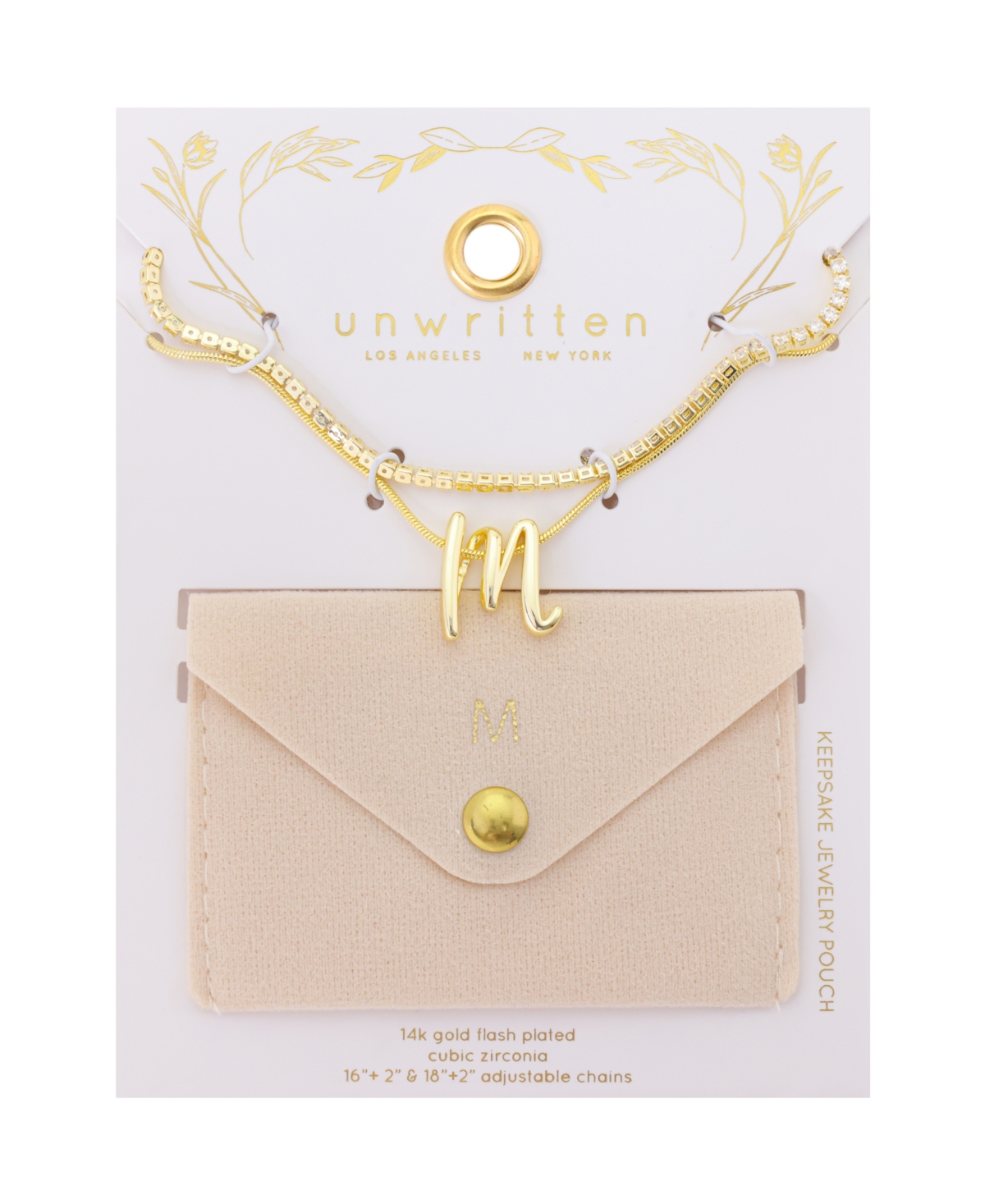Unwritten Letter "M" Initial Snake Chain Cubic Zirconia Chain Necklace With Extender 2Pcs Set