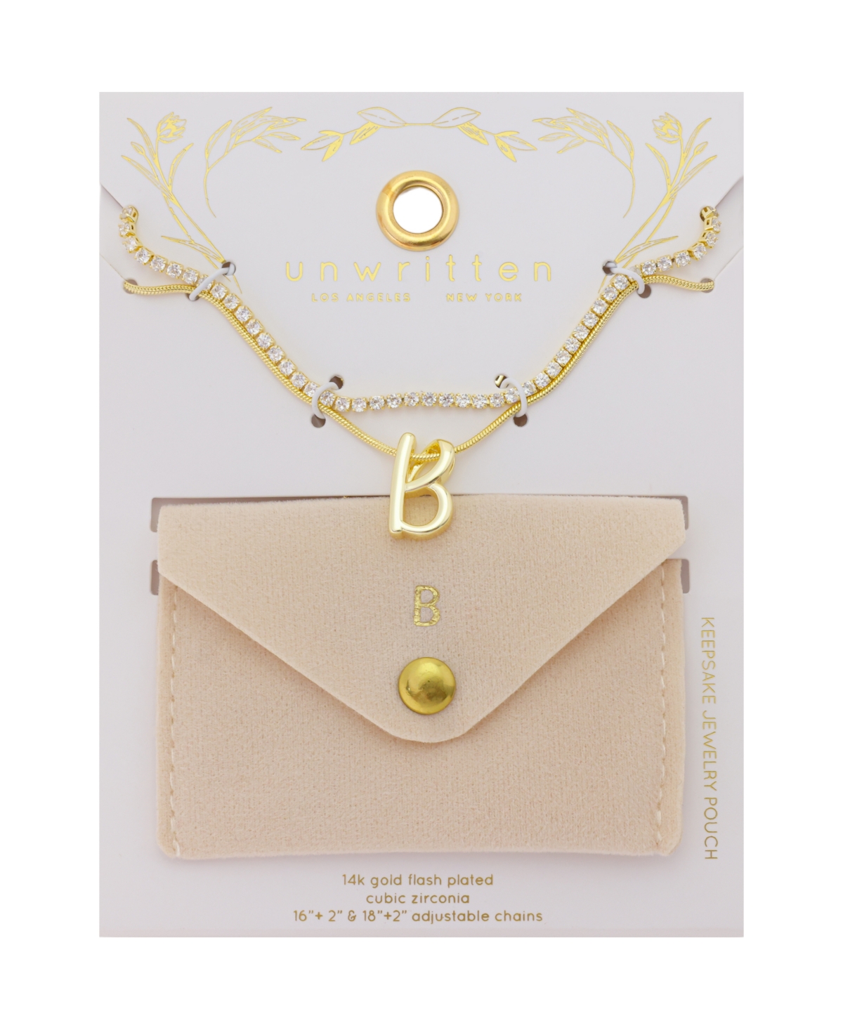 Unwritten Letter "B" Initial Snake Chain Cubic Zirconia Chain Necklace With Extender 2Pcs Set