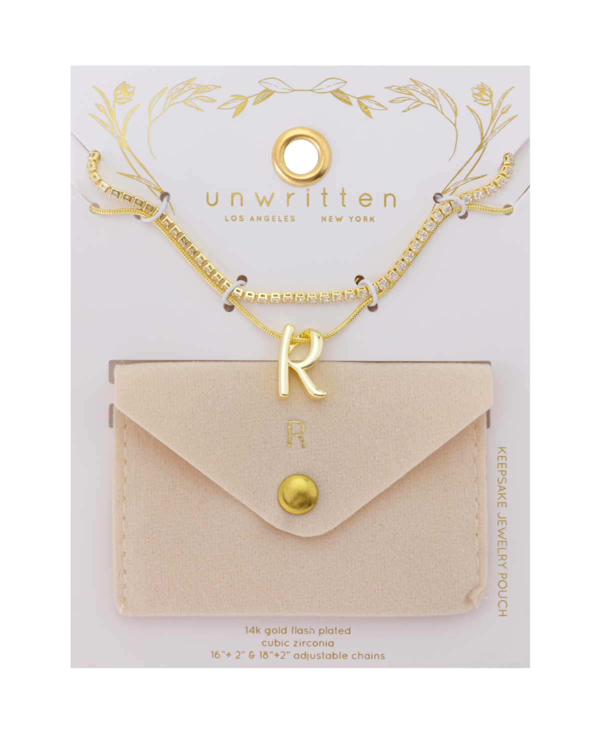 Unwritten Letter "R" Initial Snake Chain Cubic Zirconia Chain Necklace With Extender 2Pcs Set