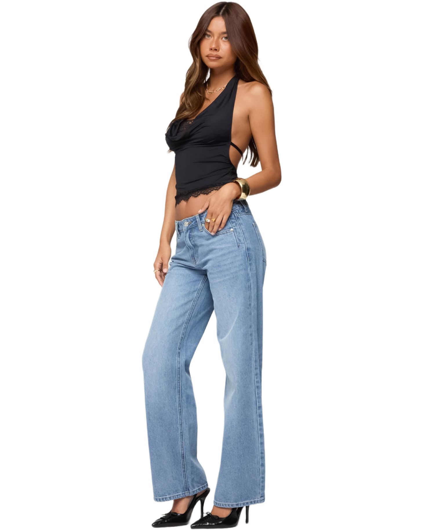 Women's Layered Lacey Cowl Neck Halter Top
