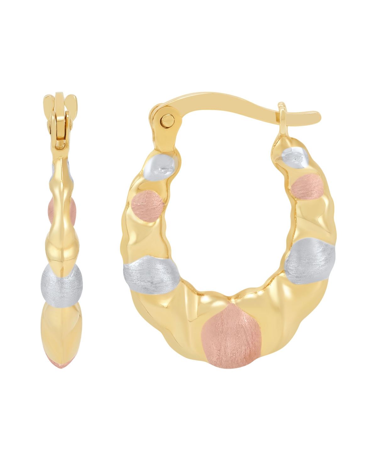 Macy's Satin Polished Triple Tone Graduated Xoxo Oval Hoop Earrings In 10k Yellow Gold, Rose Gold And Rhodi In Gold
