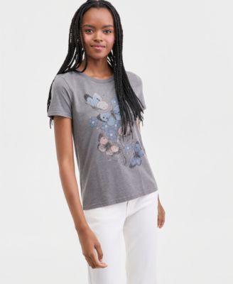 Lucky Brand - Women's Floral Butterfly Motif Classic Crewneck T-Shirt