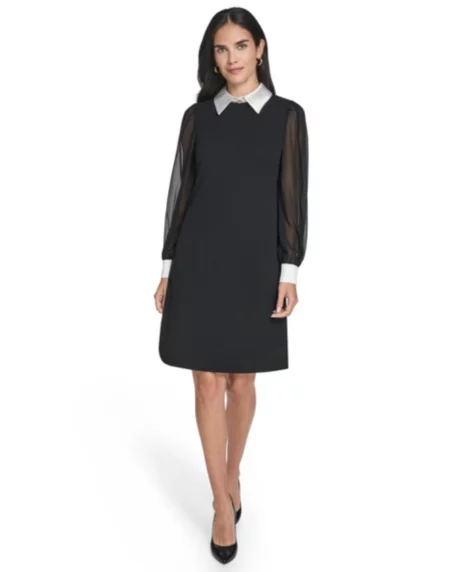 Petite Bishop Sleeve Shirt Collar Sheath Dress - Black/Ivory