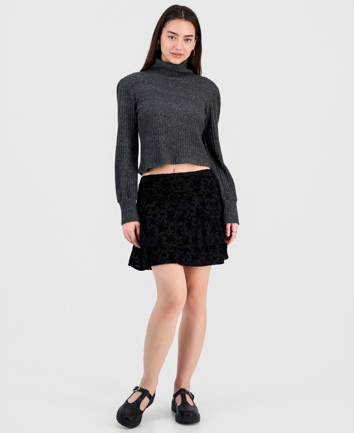 Sincerely Jules Juniors' Flocked Ruffle Lace Skirt In Black