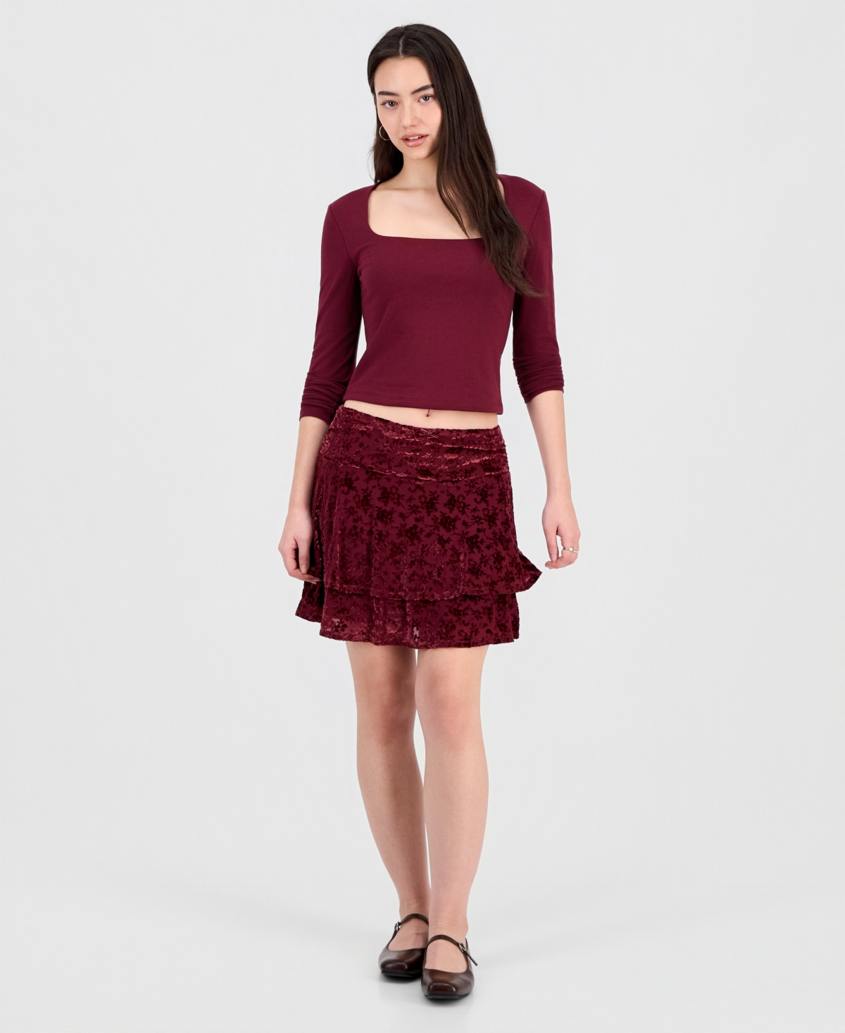 Sincerely Jules Juniors' Flocked Ruffle Lace Skirt In Burgundy
