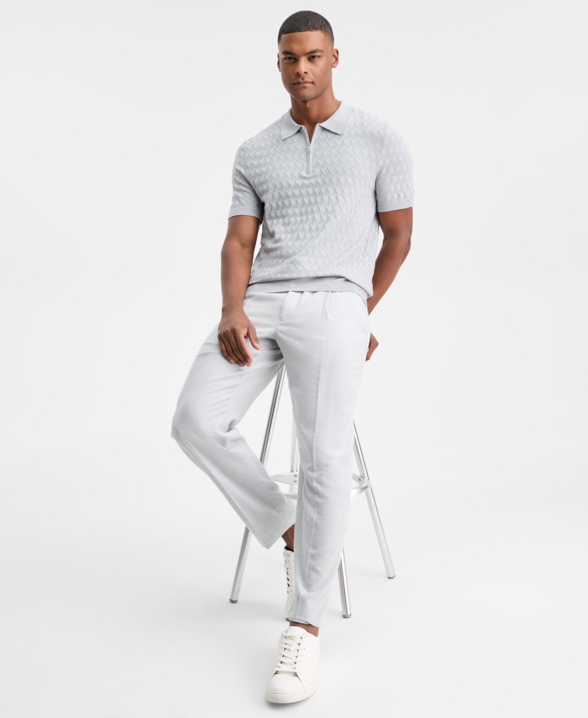 Alfani Men's Short-sleeve Diamond Zip Polo Sweater, Macy's Exclusive In Gray