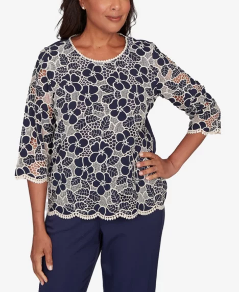 Petite Saratoga Springs Floral Lace Trim Soft Knit Top - Navy