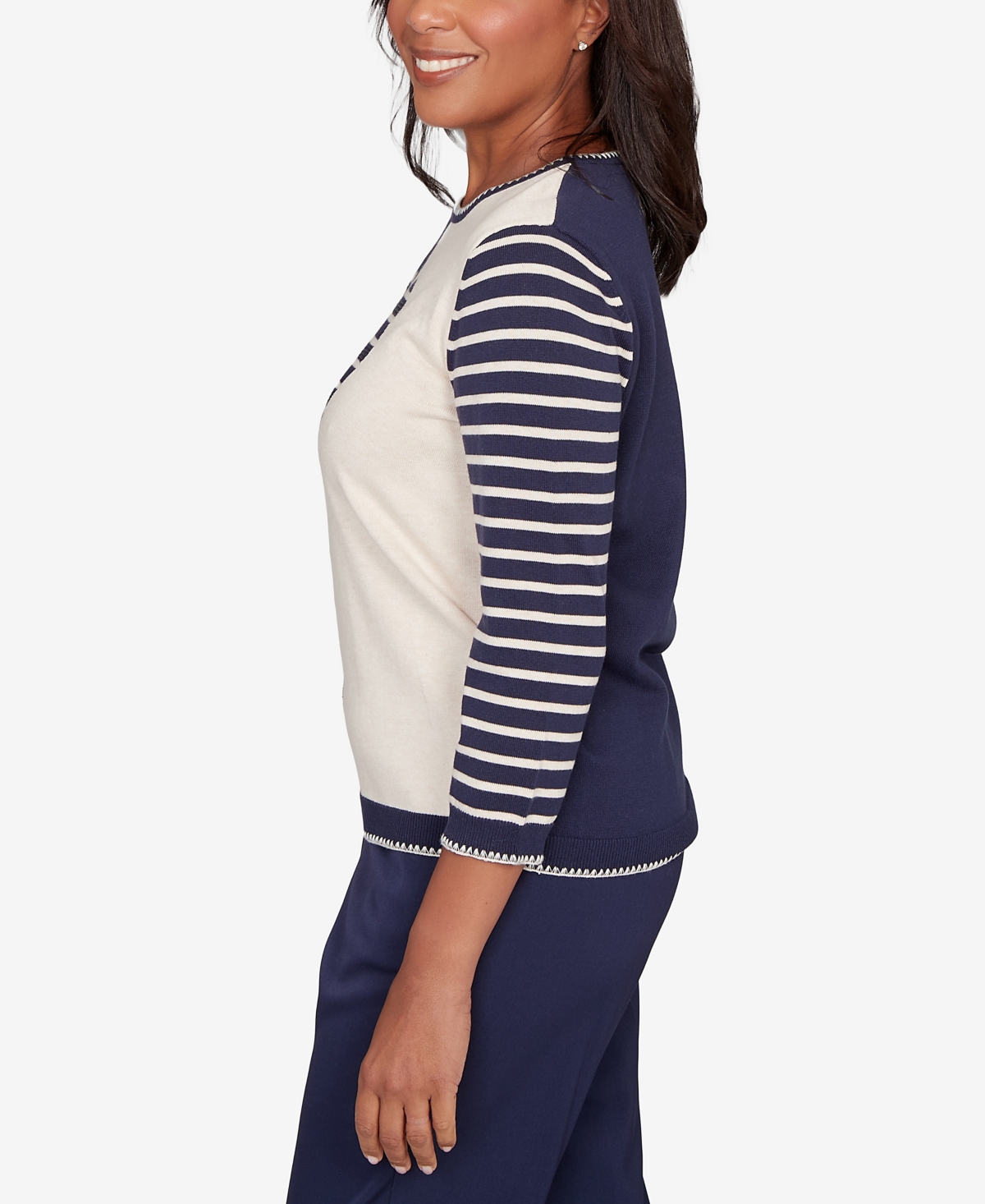 Alfred Dunner Petite Saratoga Springs Heart Motif Detail Striped Sweater In Blue