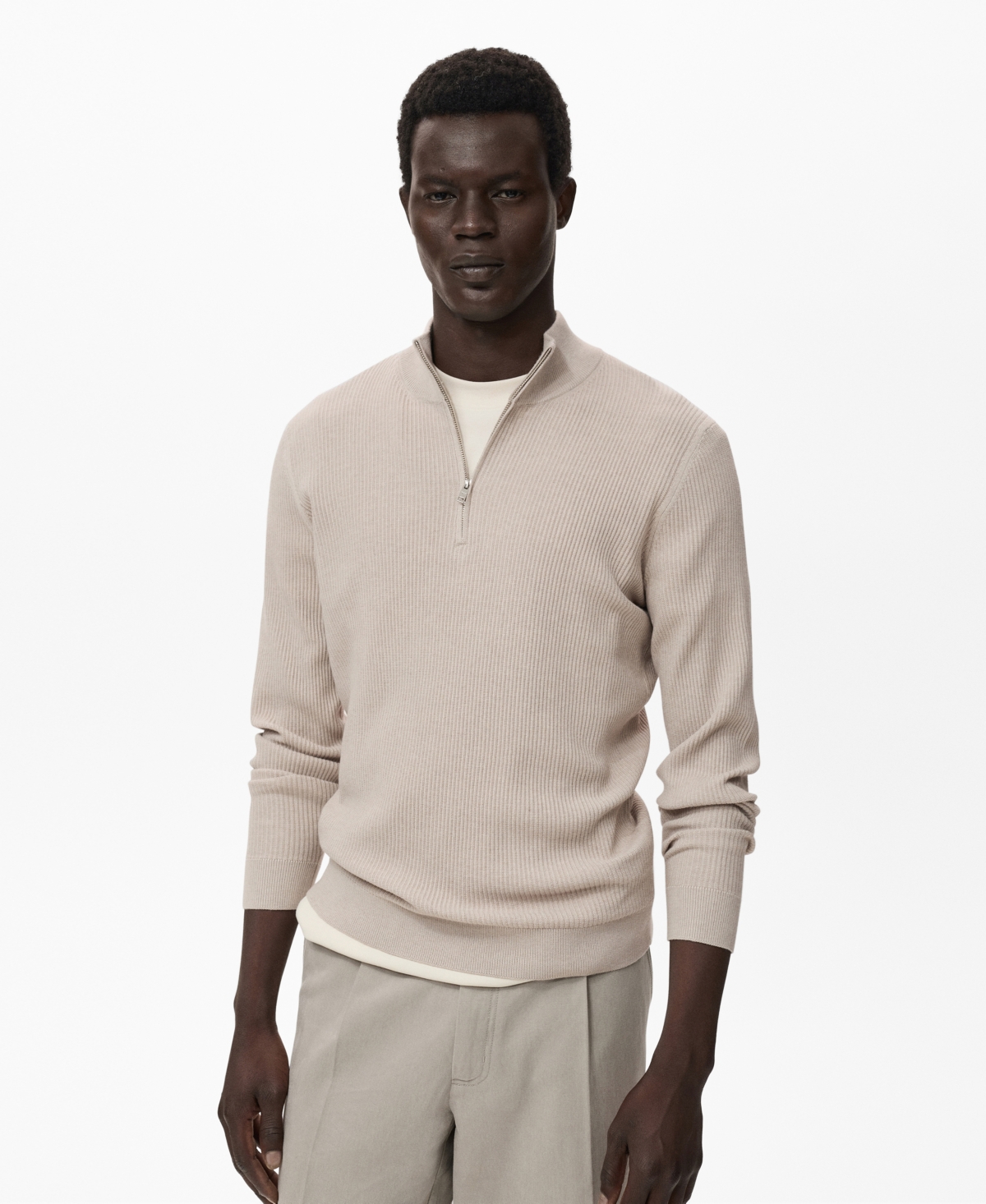 Mango Men's Zip Neck Ribbed Sweater