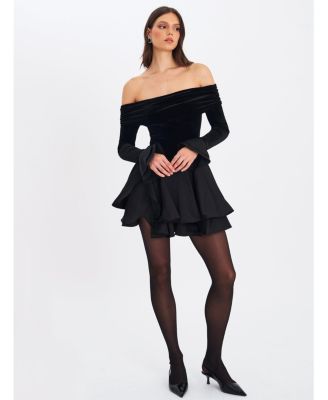 Women Magnolia Black Off-Shoulder Layered Satin Mini Dress