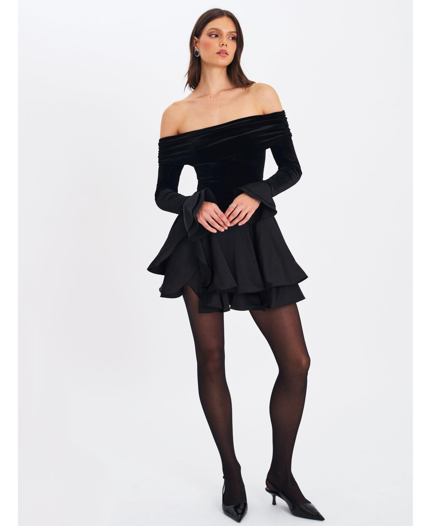 Women Magnolia Black Off-Shoulder Layered Satin Mini Dress