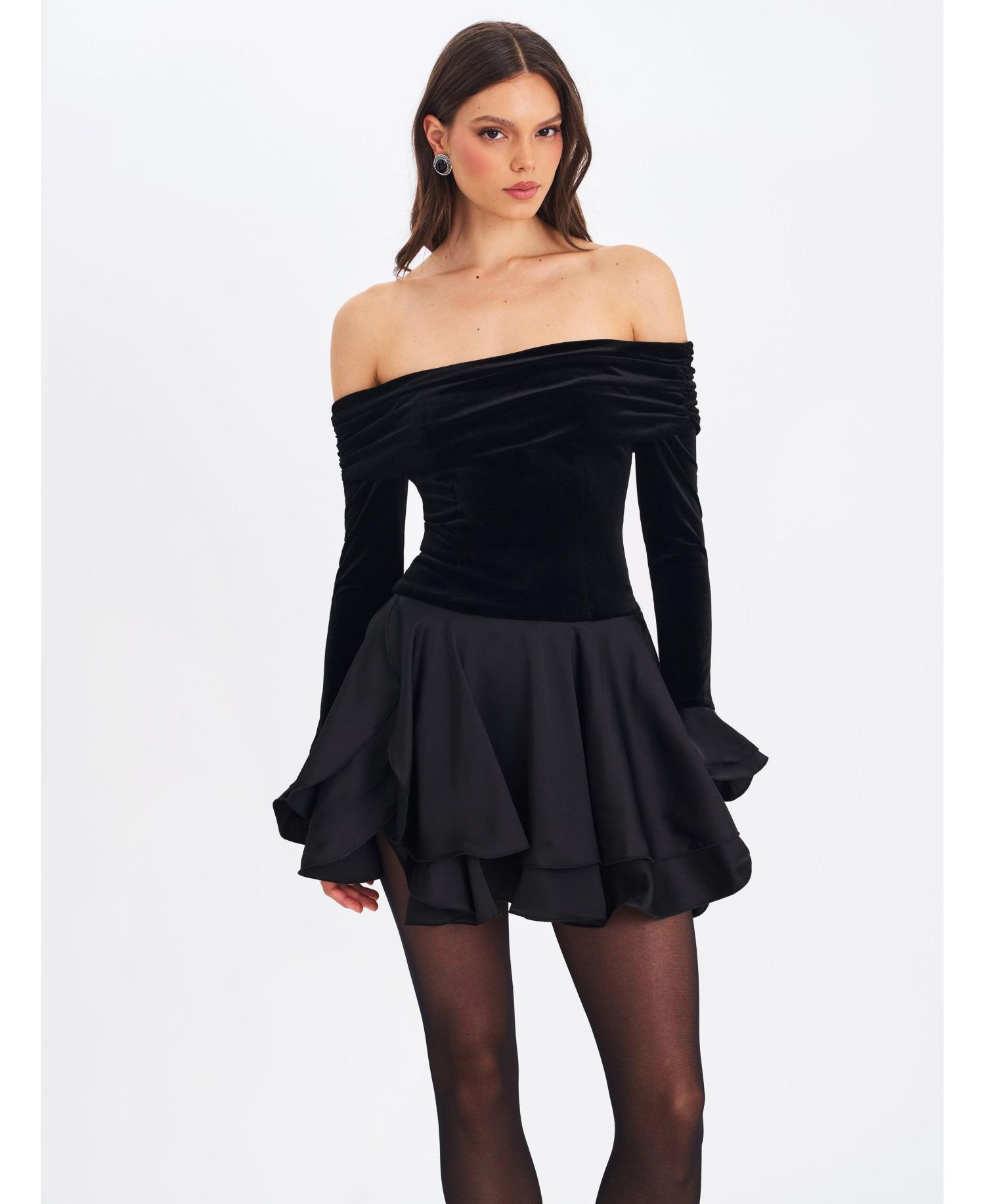 Women Magnolia Black Off-Shoulder Layered Satin Mini Dress