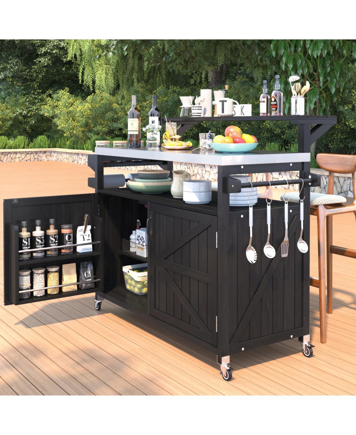 Streamdale Outdoor Kitchen Island, Wood Cabinet, Stainless Top, Rolling Grill Cart - Black