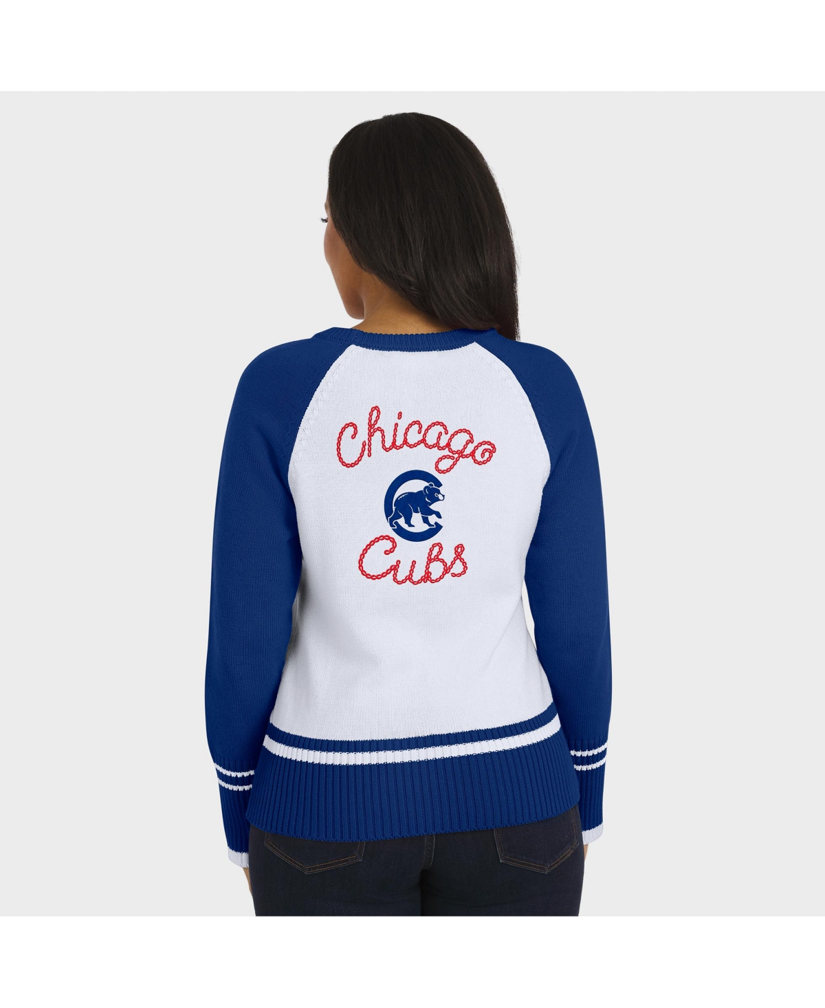 Wear By Erin Andrews Women's White Chicago Cubs Color Block Raglan Sweater In Blue