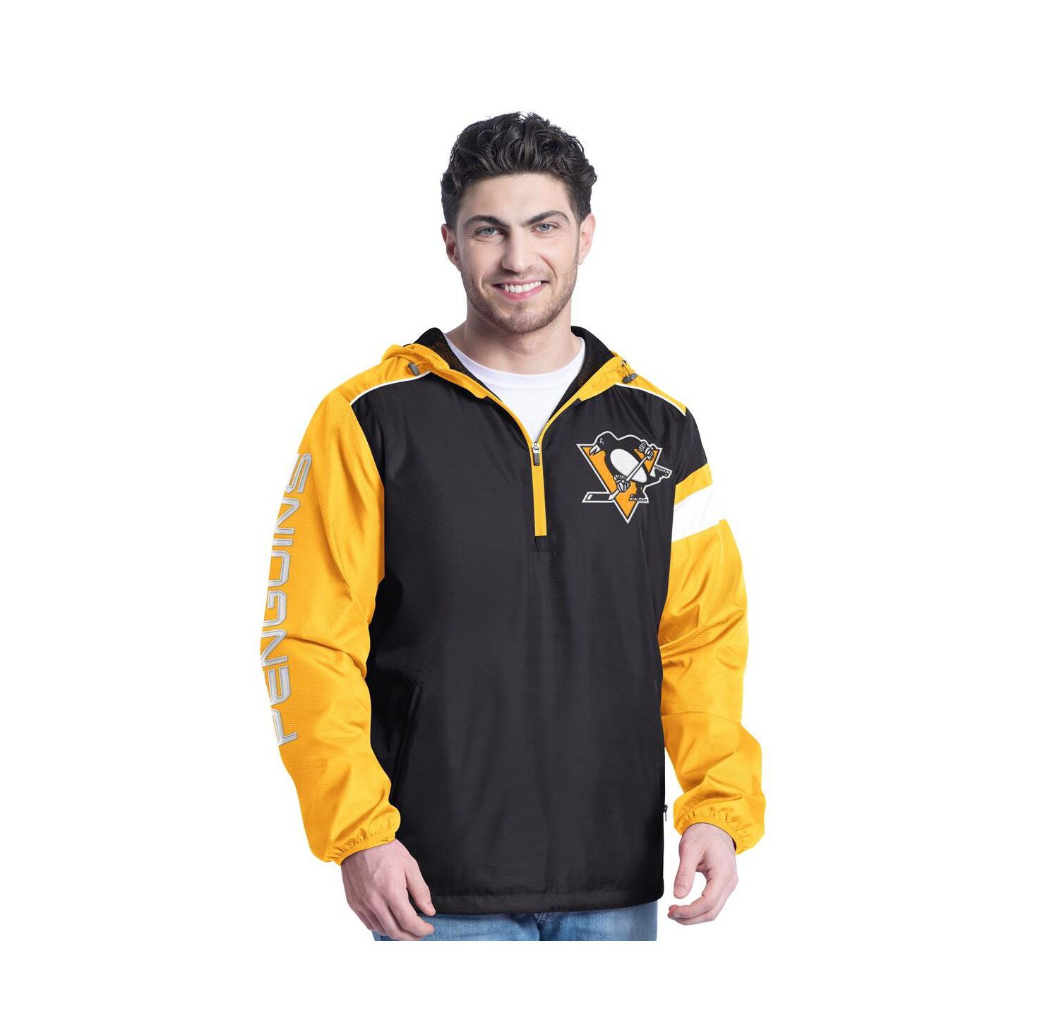 Men's Black/Gold Pittsburgh Penguins Lateral Half-Zip Hoodie Jacket
