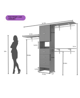 96-Inch Closet Organizer System with 3 Wood Drawers, Shelving Towers and Hanging Rods, 8-Foot Closet System with Doors