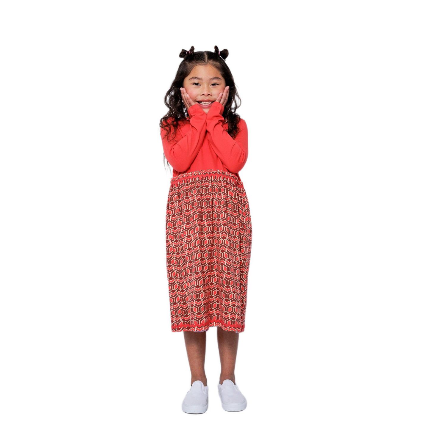Little Girls Long Sleeve Ruffle Trim Dress - Red Multicolor