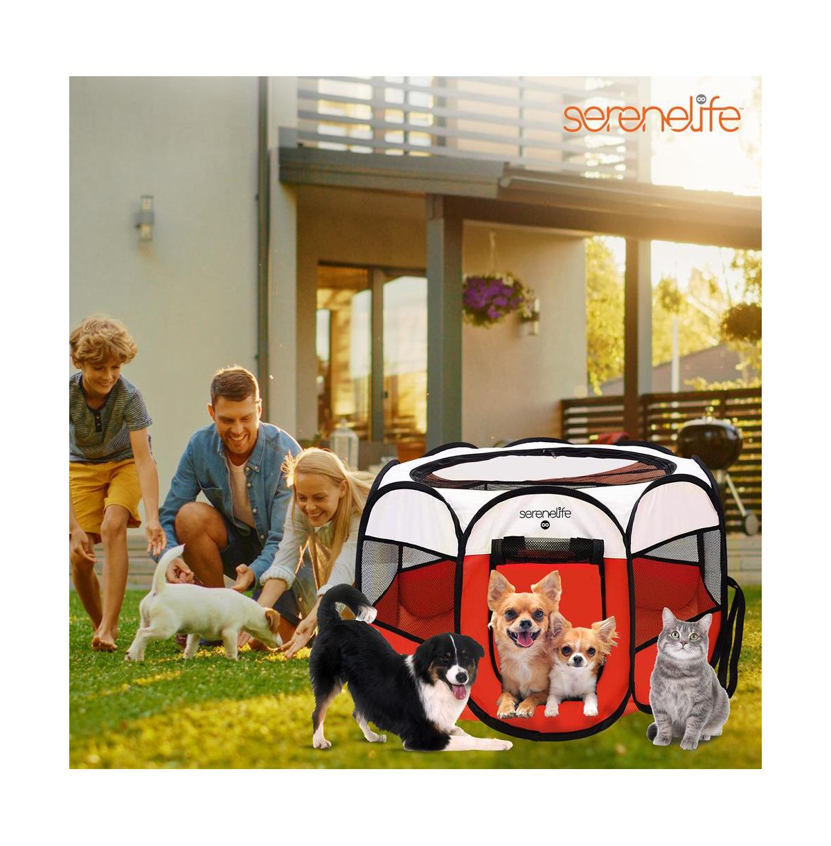 SereneLife Large Portable & Foldable Pet Tent with Travel Bowl, Red