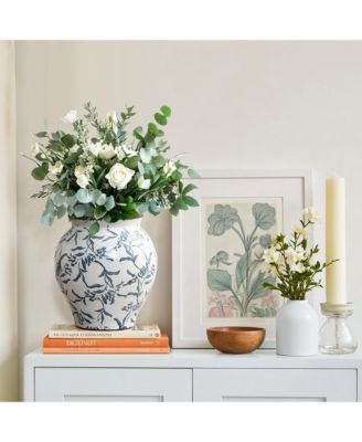 Handmade Blue Floral Wide-Mouth Waterproof Ceramic Vase, 9.25" Round Indoor Home Decor