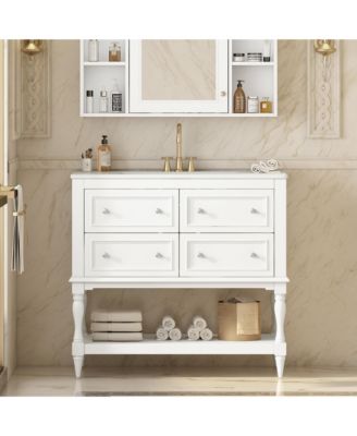 36inch Bathroom Vanity Cabinet  with 4 Drawers Solid Wood Frame Bathroom Cabinet White