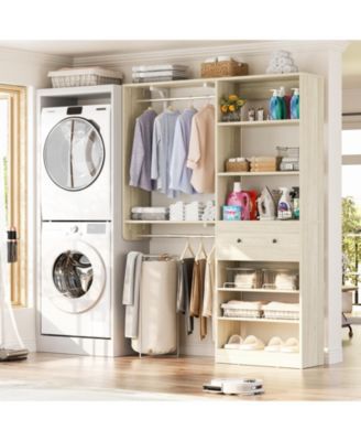 Closet System with Drawer, 5FT Closet Organizer System with 2 Hanging Rods and Adjustable Shelf, Reversible