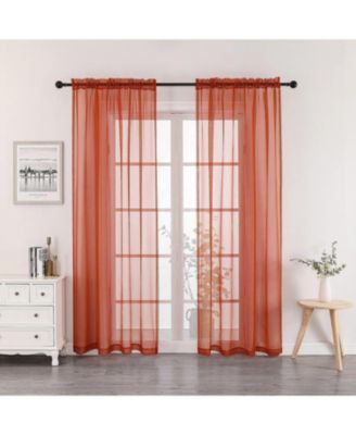2 Piece Halloween Spooky Harvest Themed Pumpkin Spice Colored Rod Pocket Sheer Voile Window Curtain Panels - 84 in. Long