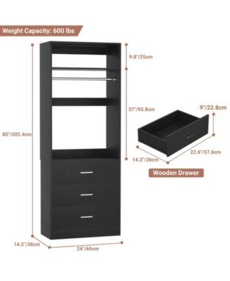 Freestanding 2FT Closet System with 3 Wooden Drawers, 24'' Closet Organizer System with Hanging Rod & Shelves