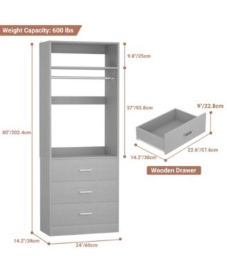 Freestanding 2FT Closet System with 3 Wooden Drawers, 24'' Closet Organizer System with Hanging Rod & Shelves