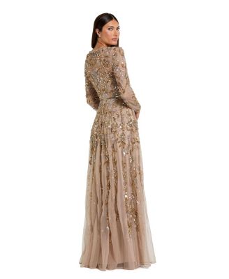 Women's Long Sleeve Hand-Embellished Illusion Neckline Evening Gown