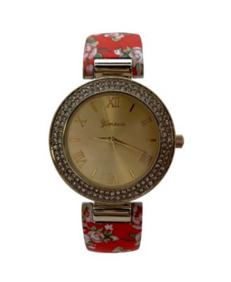Red Floral Printed Soft Band Bangle Women Watch