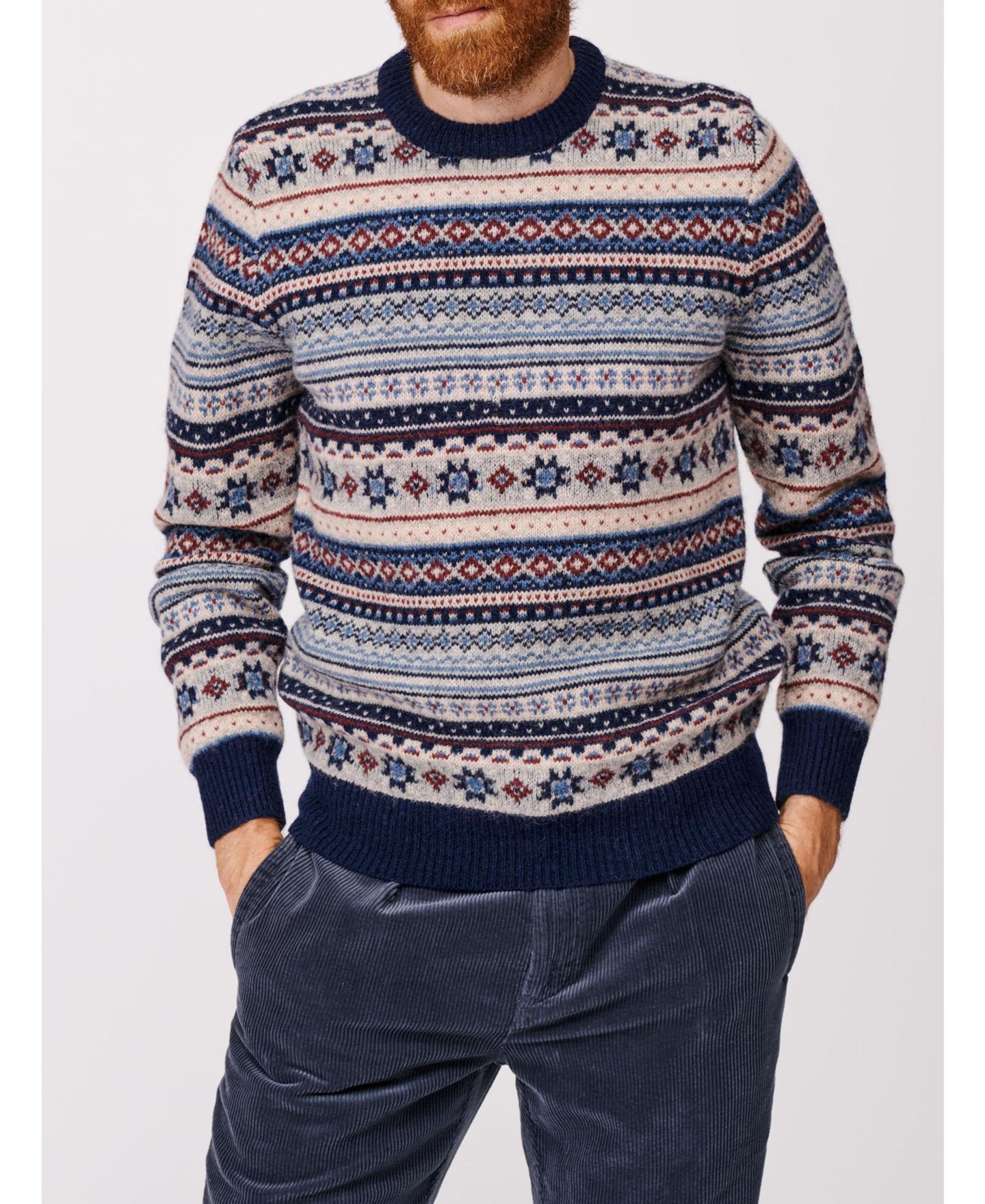 Мужской свитер Aubin Fair Isle Crew Neck Wool, цвет: Синий / Экрю — фото 5