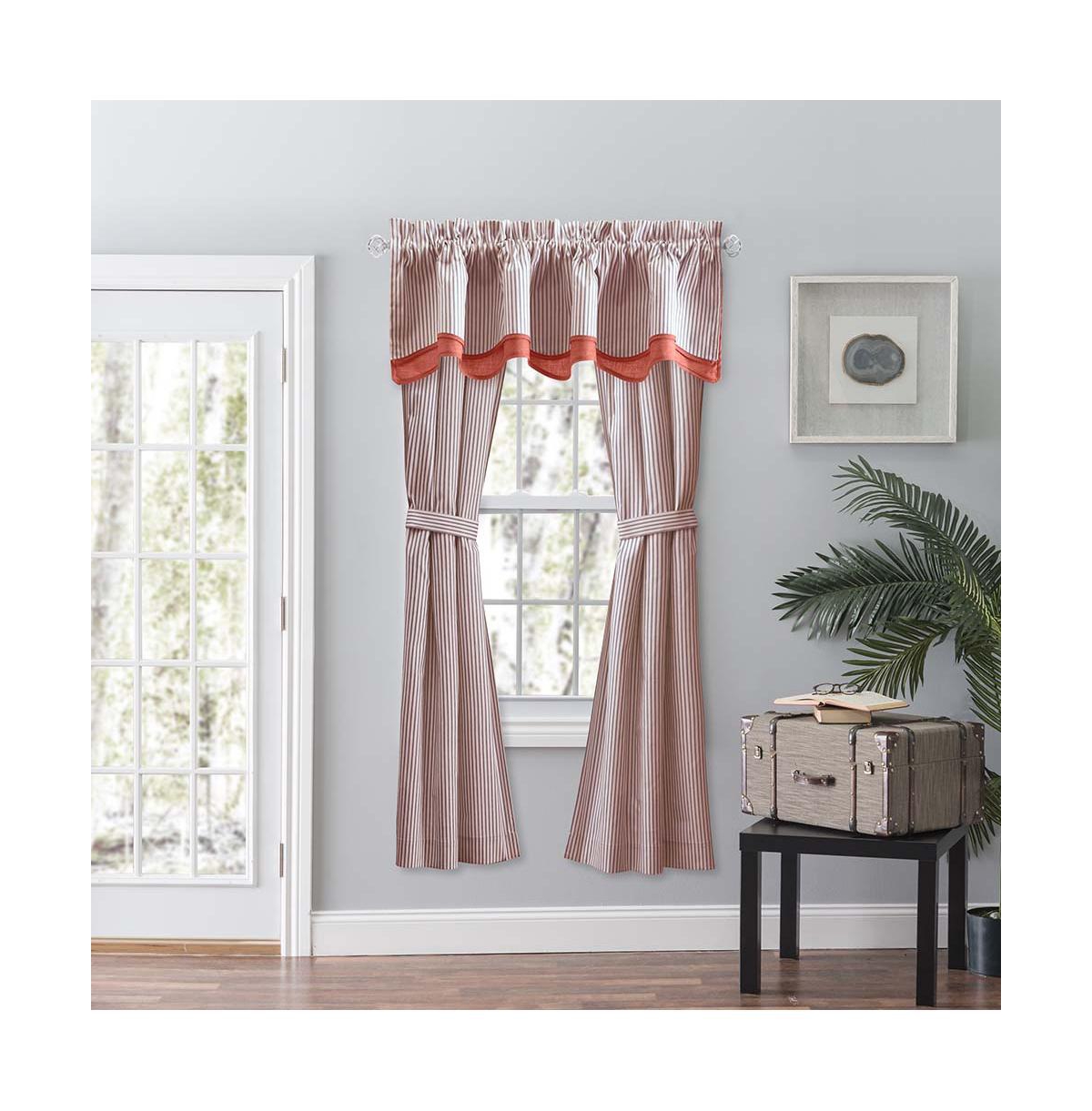 Ellis Curtain Plaza Classic Ticking Stripe Printed on Natural Ground Tailored Panel Pair with Tiebacks 56" x 63" Brick