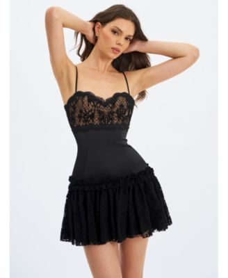 Women's Umra Black Contrast Lace Sweetheart Gathered Mini Dress
