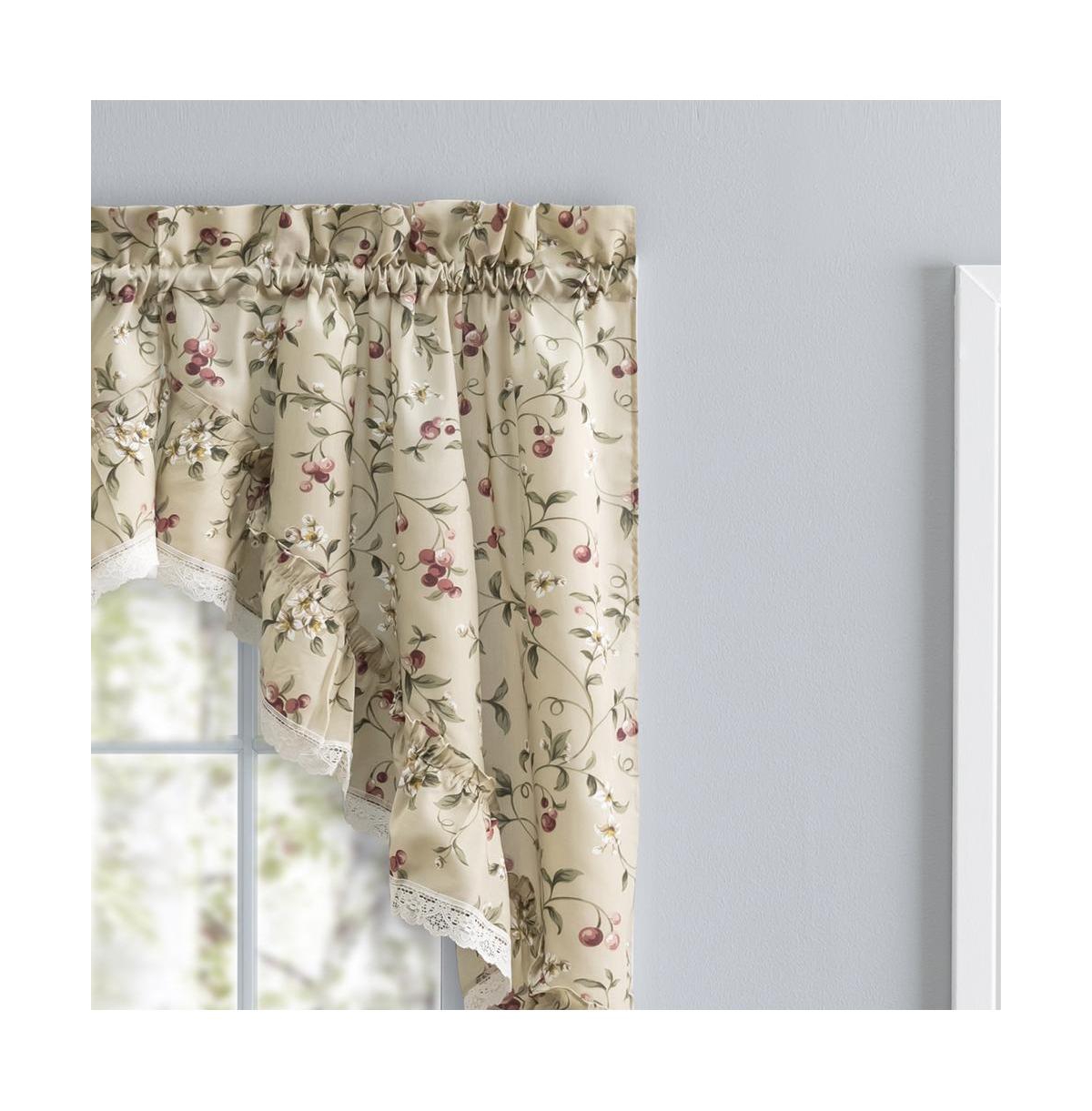 Ellis Curtain Cherries Ruffled 1.5" Rod Pocket Swag for Windows Lace Edge 58" x 36" Natural