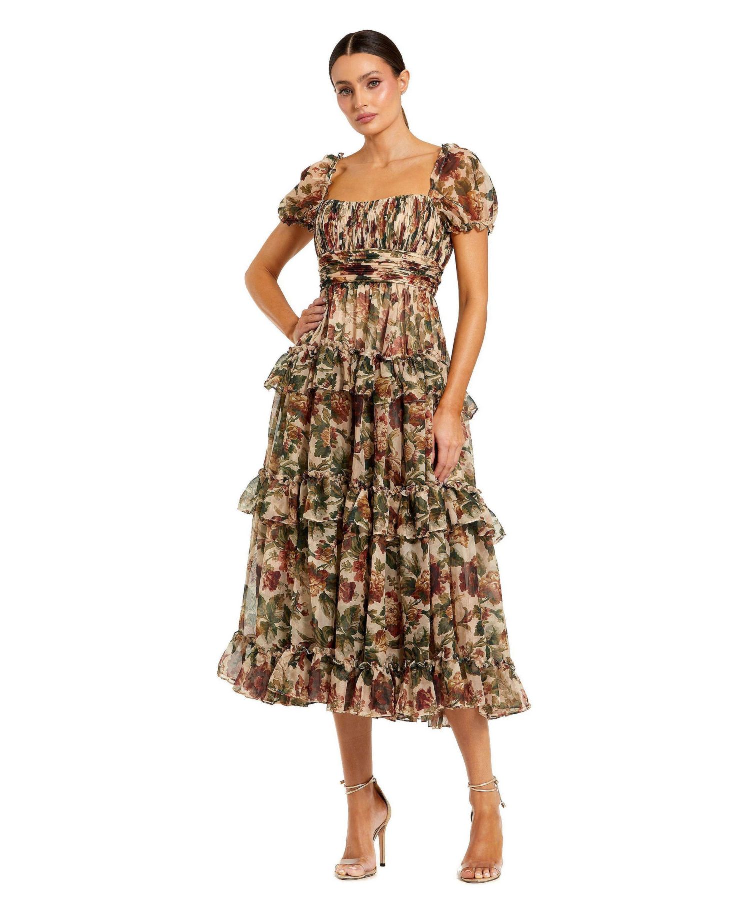Women's Chiffon Puff Sleeve A Line Midi Dress With Ruffles