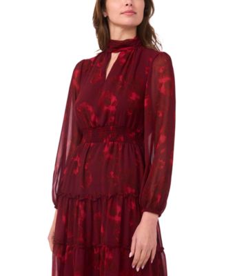 Women's Long-Sleeve Keyhole Mock Neck Tiered Maxi Dress