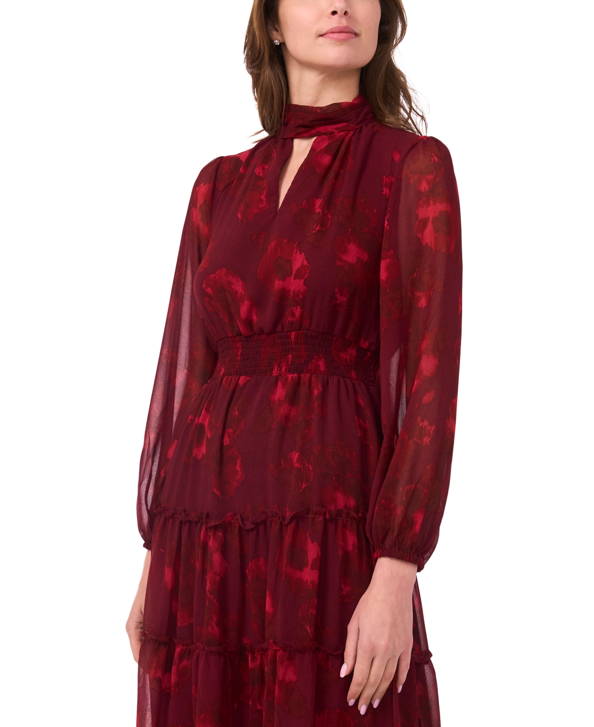 Msk Women's Long-Sleeve Keyhole Mock Neck Tiered Maxi Dress