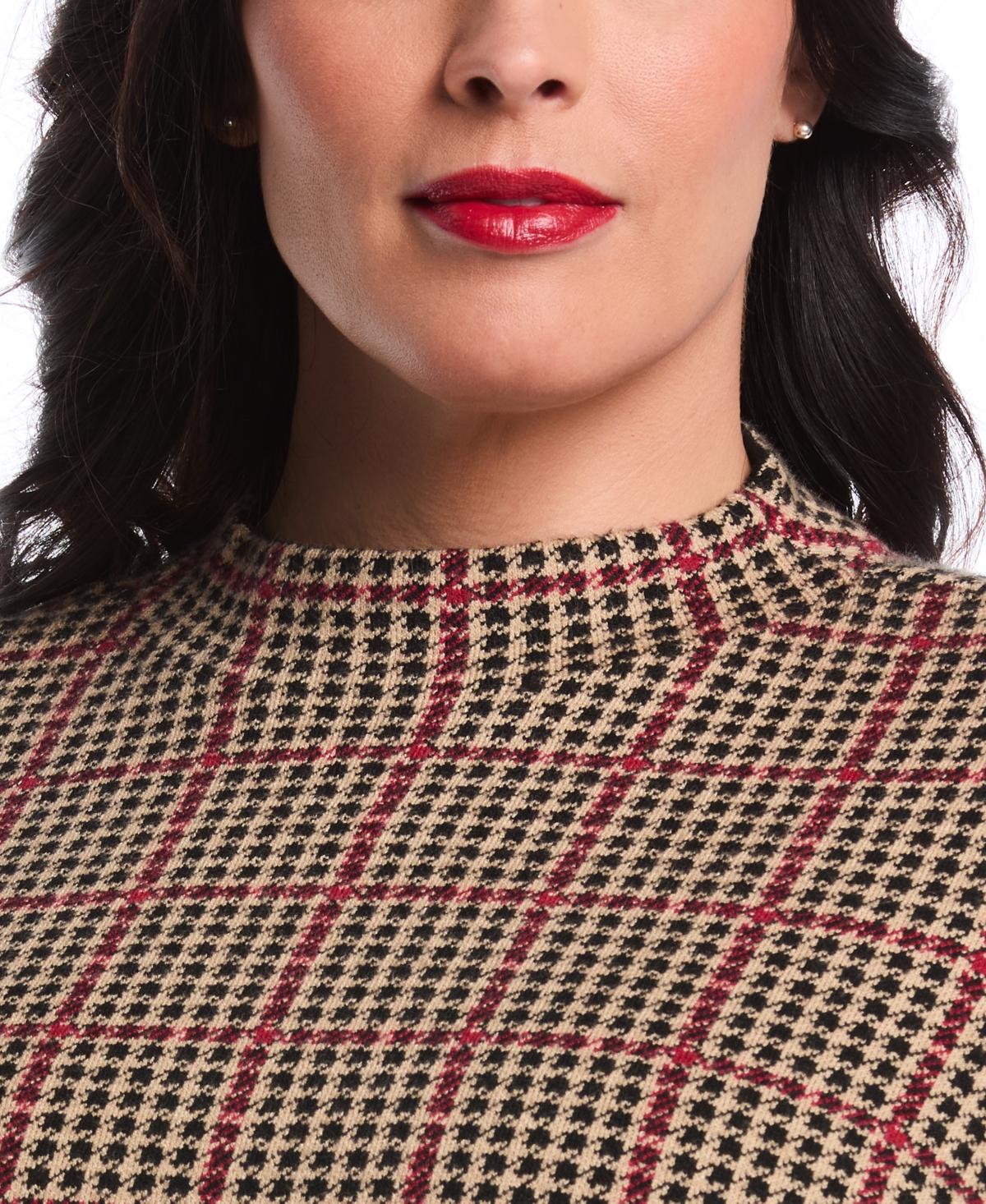 Rafaella Women's Plus Plaid Print Mock Neck Long Sleeve Sweater