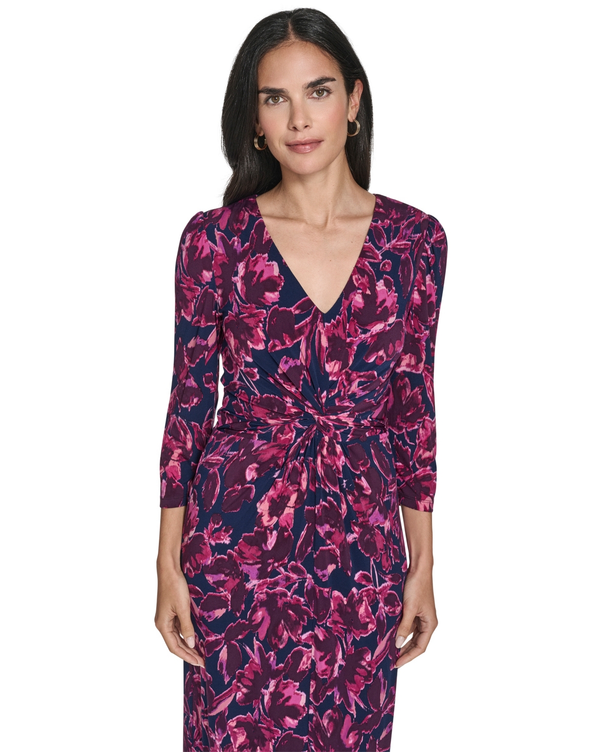 Jessica Howard Women's Puff Shoulder Sleeve Twist Front Midi Dress In Pink