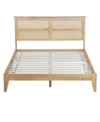 Queen Upholstered Bed Frame with Rattan Headboard and Support Feet, Wooden Frame Queen Size Platform Bed, No Box Spring Needed