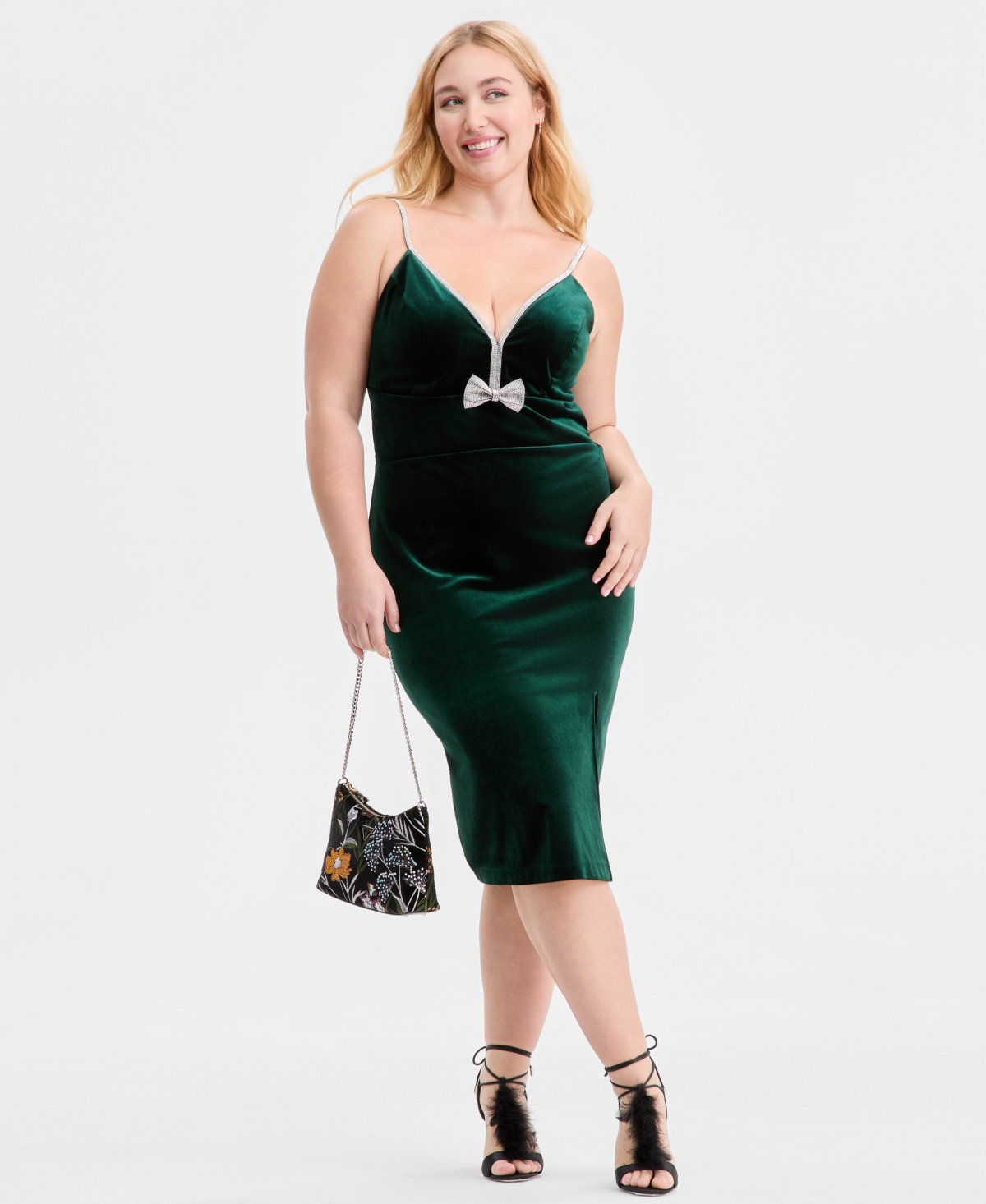 pear culture Trendy Plus Rhinestone Bow Velvet Midi Dress