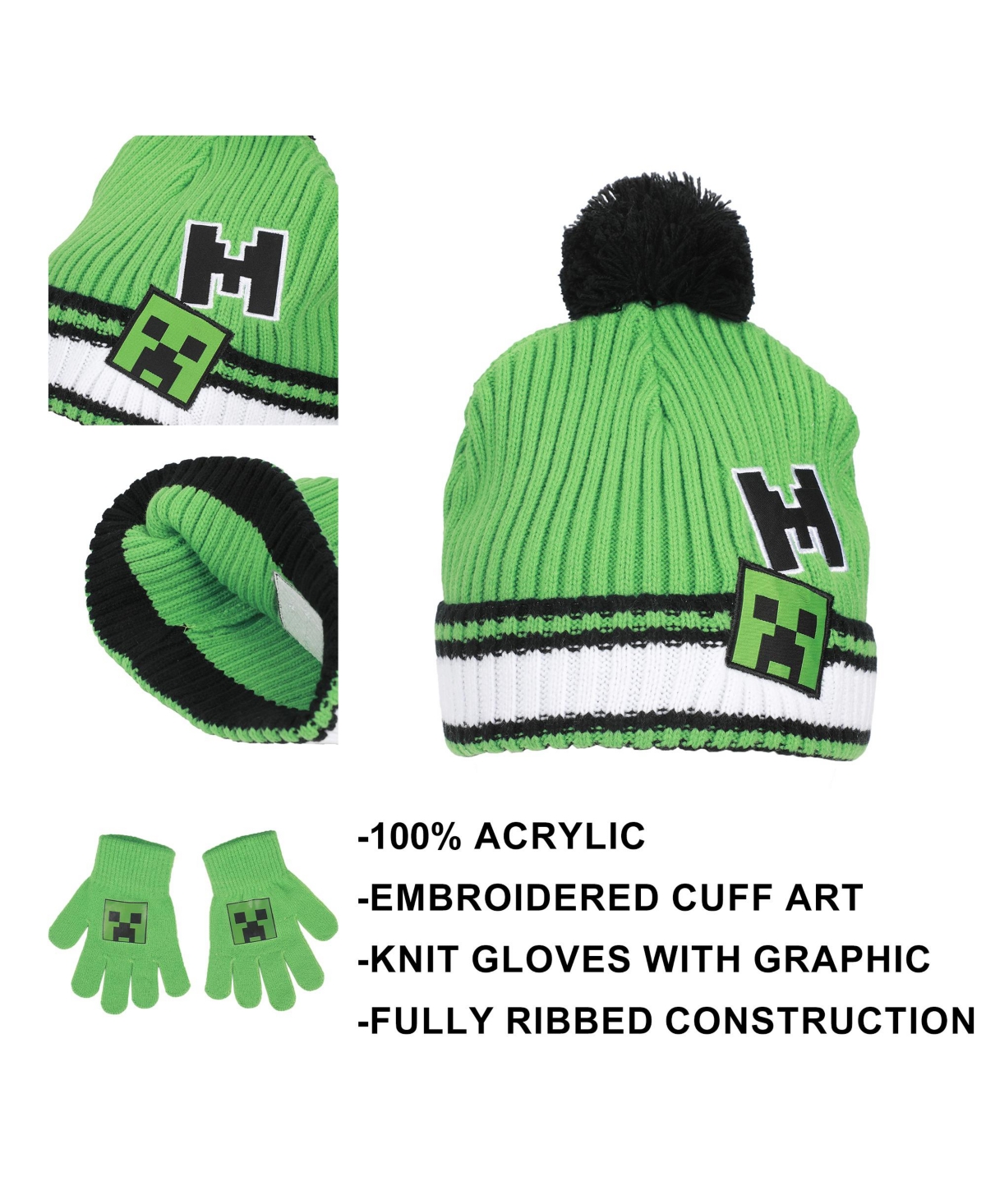 Minecraft Creeper Youth Cuff Hat And Knit Gloves Cold Weather Set