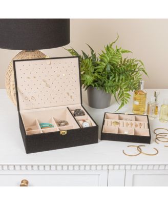 Faux Leather 2-Layer Jewelry Organizer Box with Clasp Closure, Caramel Color