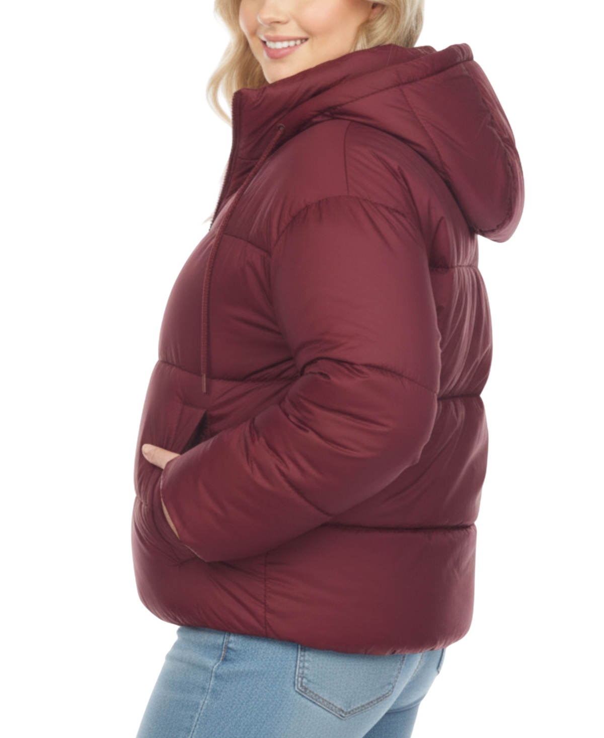 White Mark Plus Size Quilted Puffer Crop Jacket With Hood In Red