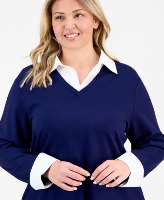 Plus Size Collared V-Neck Knit Top