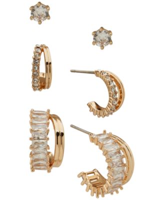Anne Klein - 3-Pc. Cubic Zirconia Gold-Tone Round and Baguette Earrings Set
