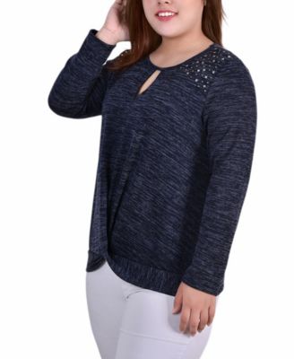 Women's Plus Size Long Sleeve Knit Keyhole Top