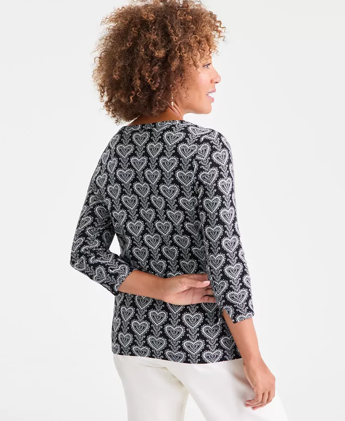 Women's Printed Pima Cotton 3/4 Sleeve Boat-Neck Top - thumbnail 10