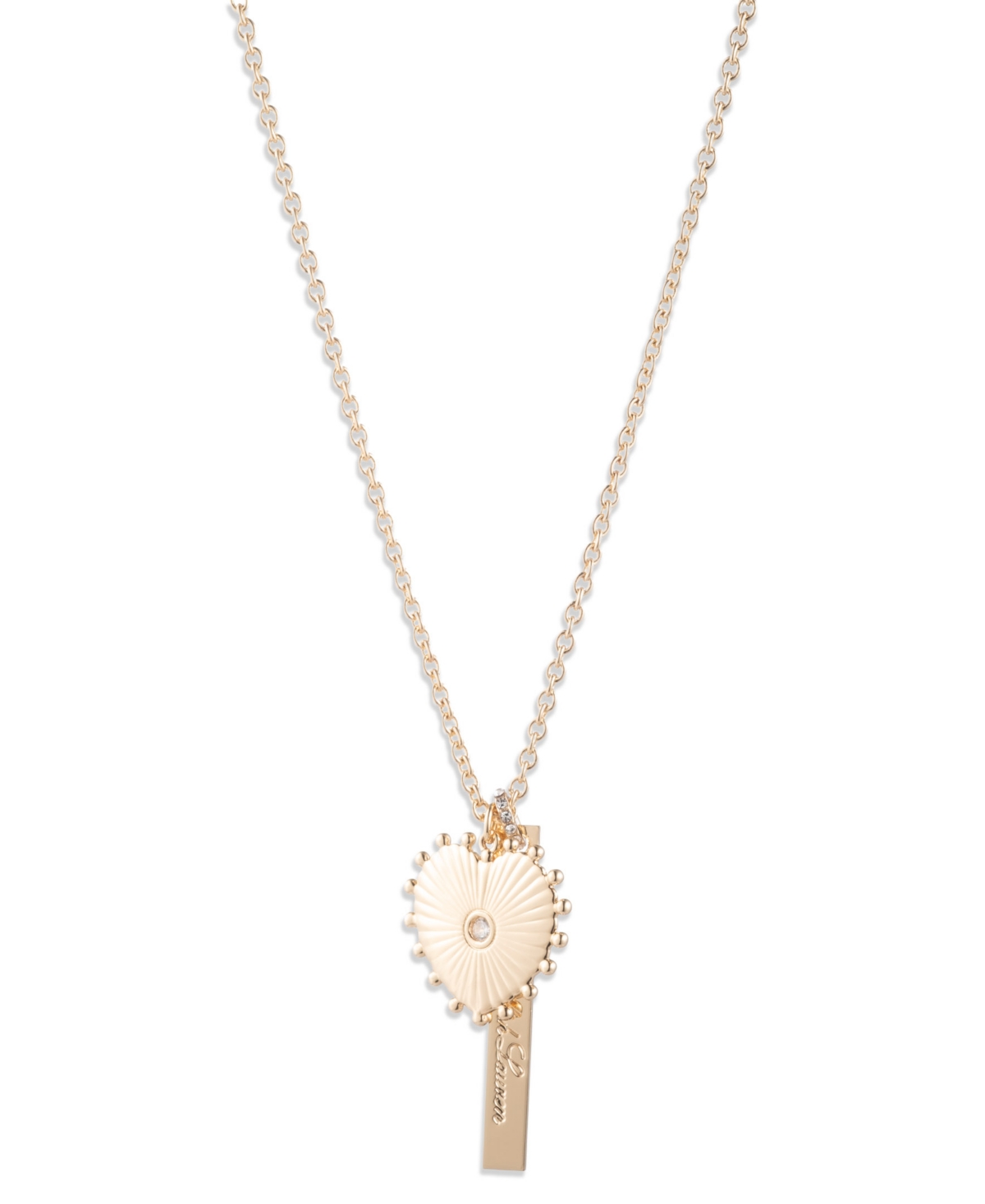 Ralph Lauren Cubic Zirconia And Glass Stone Logo Heart Pendant Necklace In Gold